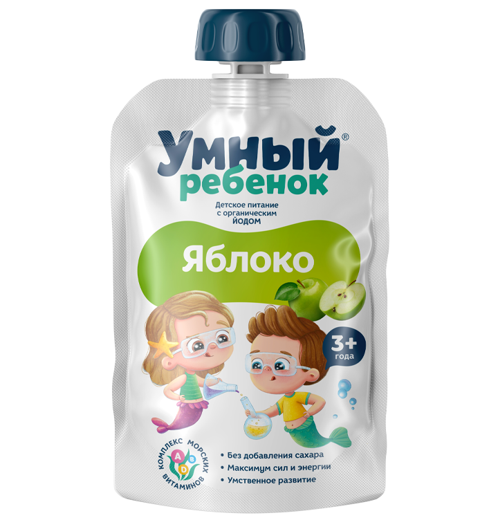 Продукт детского питания, пюре фруктовое Яблочное "Умный ребенок" 90 г