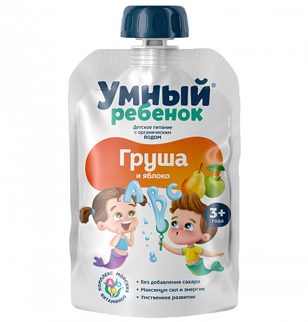 Продукт детского питания, пюре фруктовое Яблочно-Грушевое Умный ребенок, 90 г