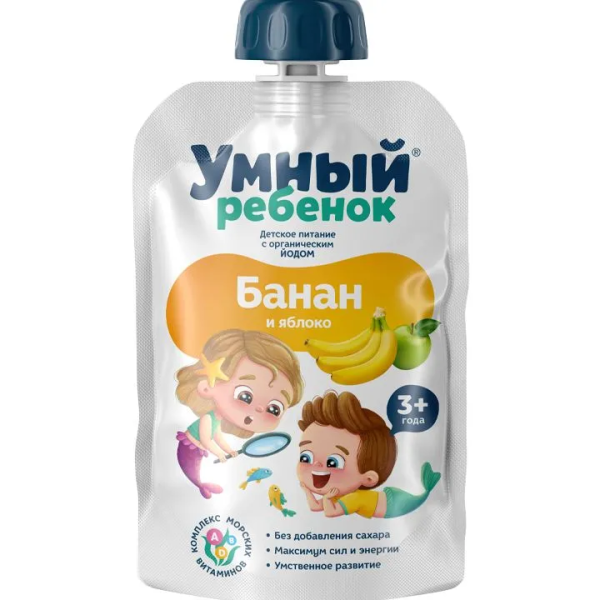 Продукт детского питания, пюре фруктовое Яблочно-Банановое "Умный ребенок" 90 г